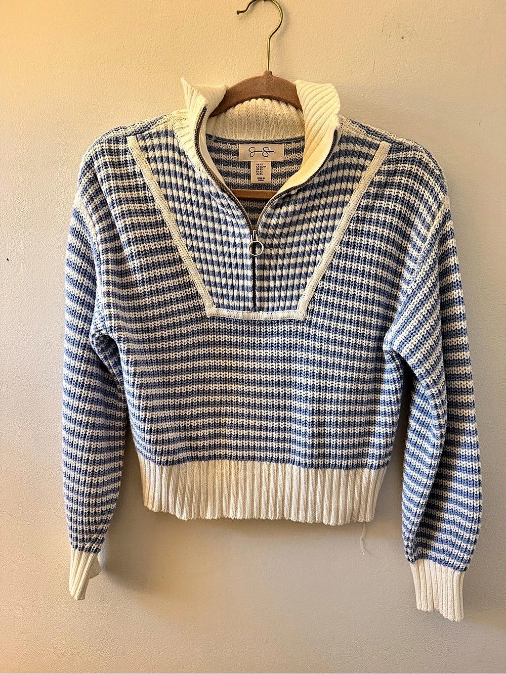 Jessica Simpson Blue and White Stripe Quarter Zip Sweater Blue & Cream Stripe